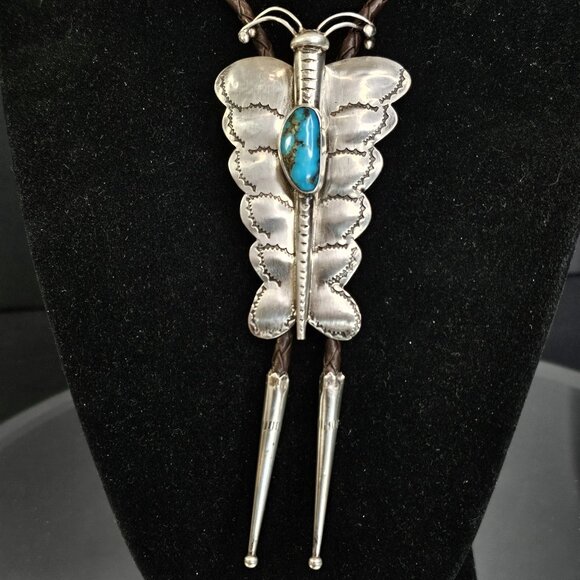 Navajo Turquoise Sterling Silver Bolo Tie Large Butterfly Signed HW. USA - Picture 2 of 12